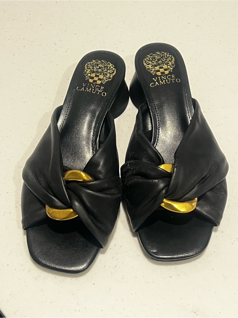 Vince Camuto Black Leather Knot Slide Mules with Gold Accent